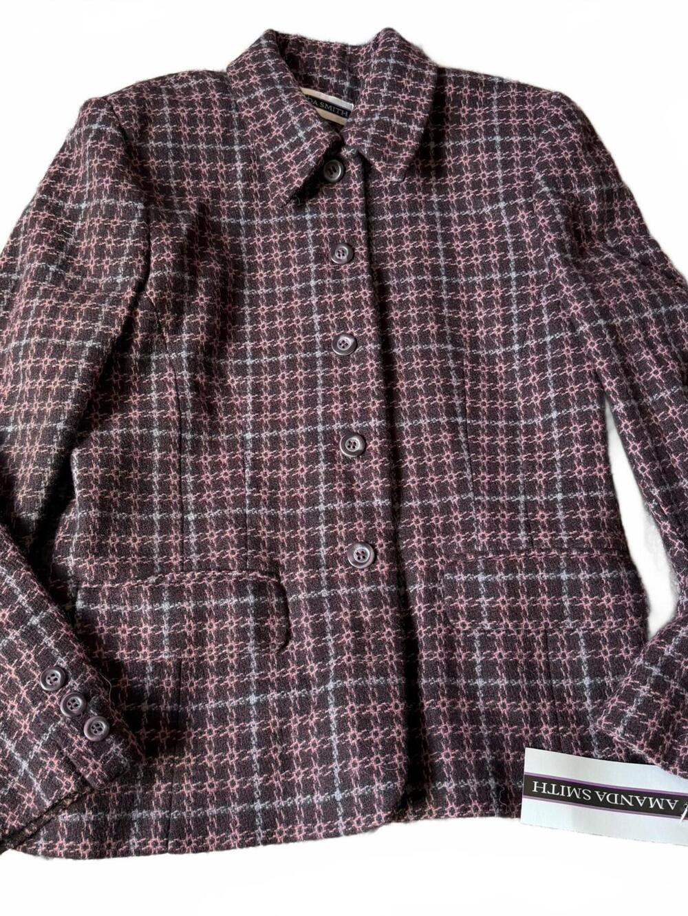 Amanda Smith Wool Blend Plaid Jacket Brown Pink Womens Size 6 NWT